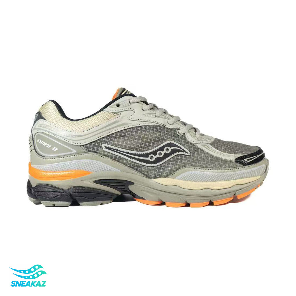 Saucony ProGrid Omni 9 — Kaki clair, gris et orange — Sneakaz