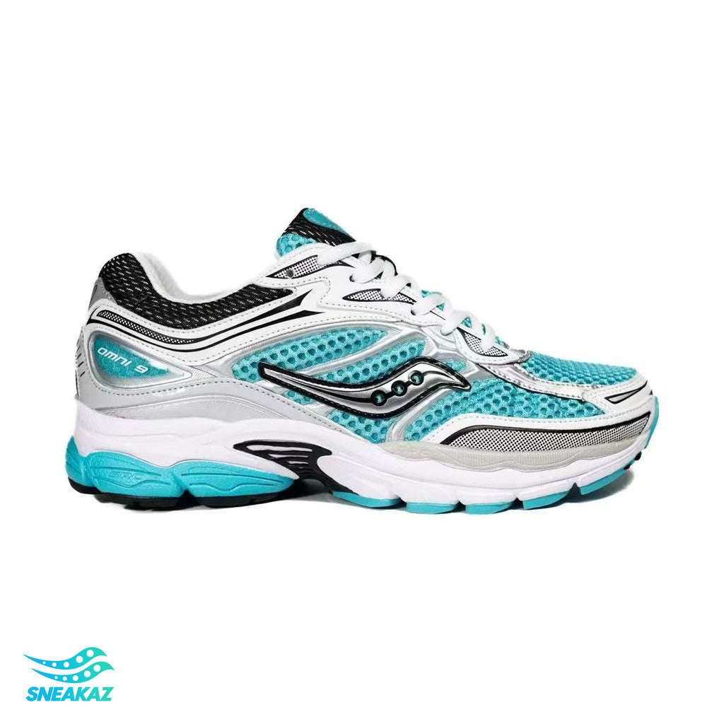 Saucony ProGrid Omni 9 — Blanc, argent et turquoise — Sneakaz