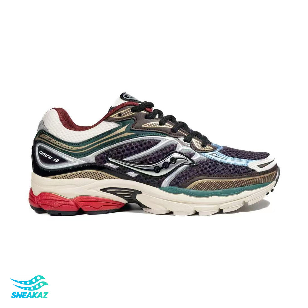 Saucony ProGrid Omni 9 — Noir, argent, rouge et vert — Sneakaz