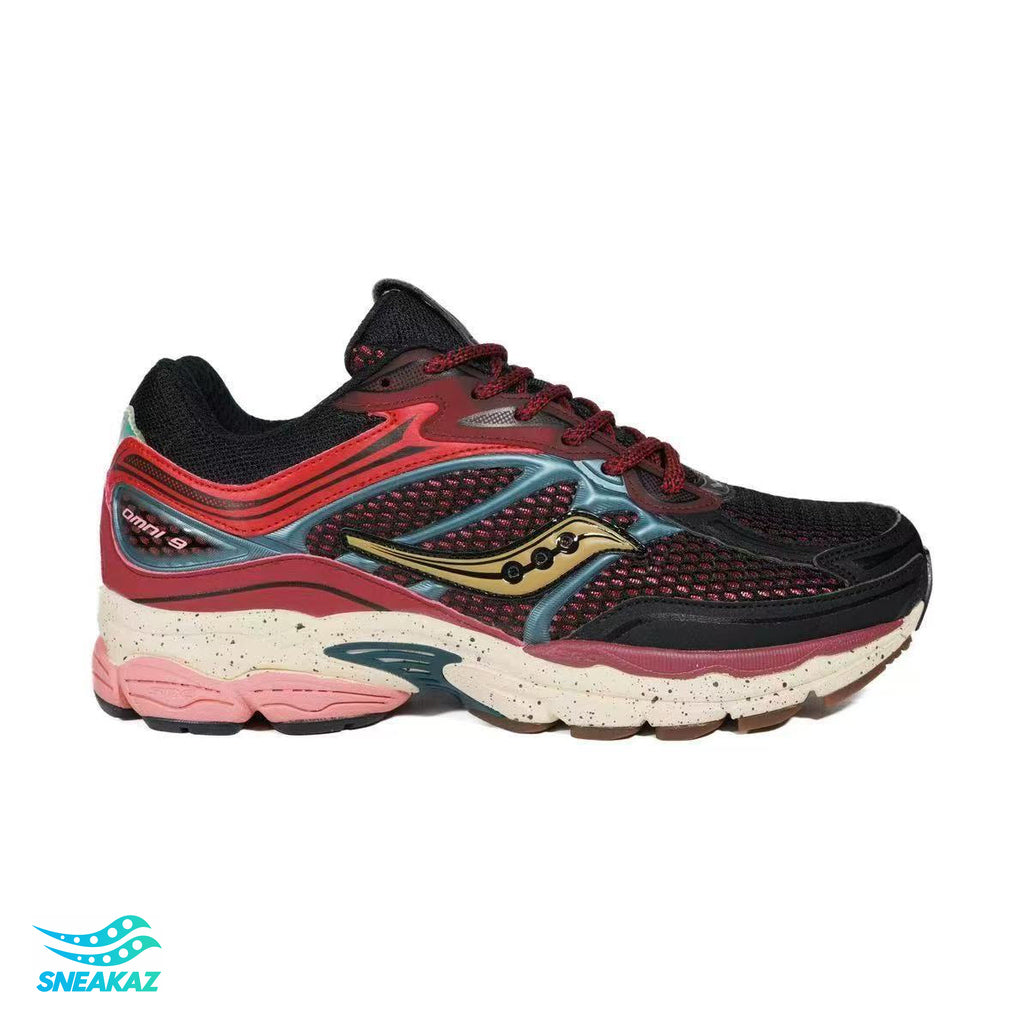 Saucony ProGrid Omni 9 — Noir, rouge, rose et crème — Sneakaz