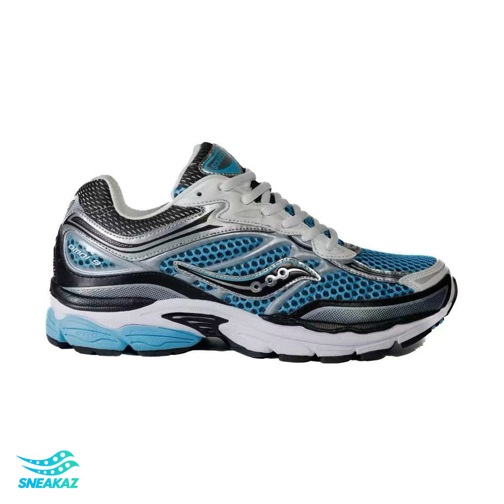 Saucony ProGrid Omni 9 — Gris argent, bleu et turquoise — Sneakaz