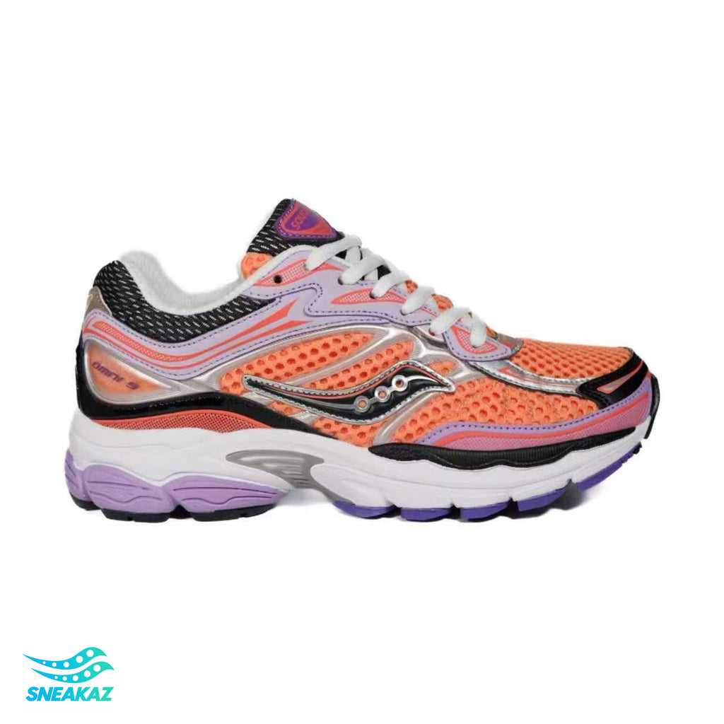 Saucony ProGrid Omni 9 — Gris argent, orange et mauve — Sneakaz