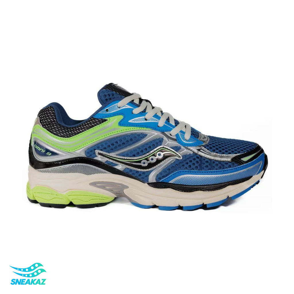 Saucony ProGrid Omni 9 — Bleu, vert anis et blanc — Sneakaz
