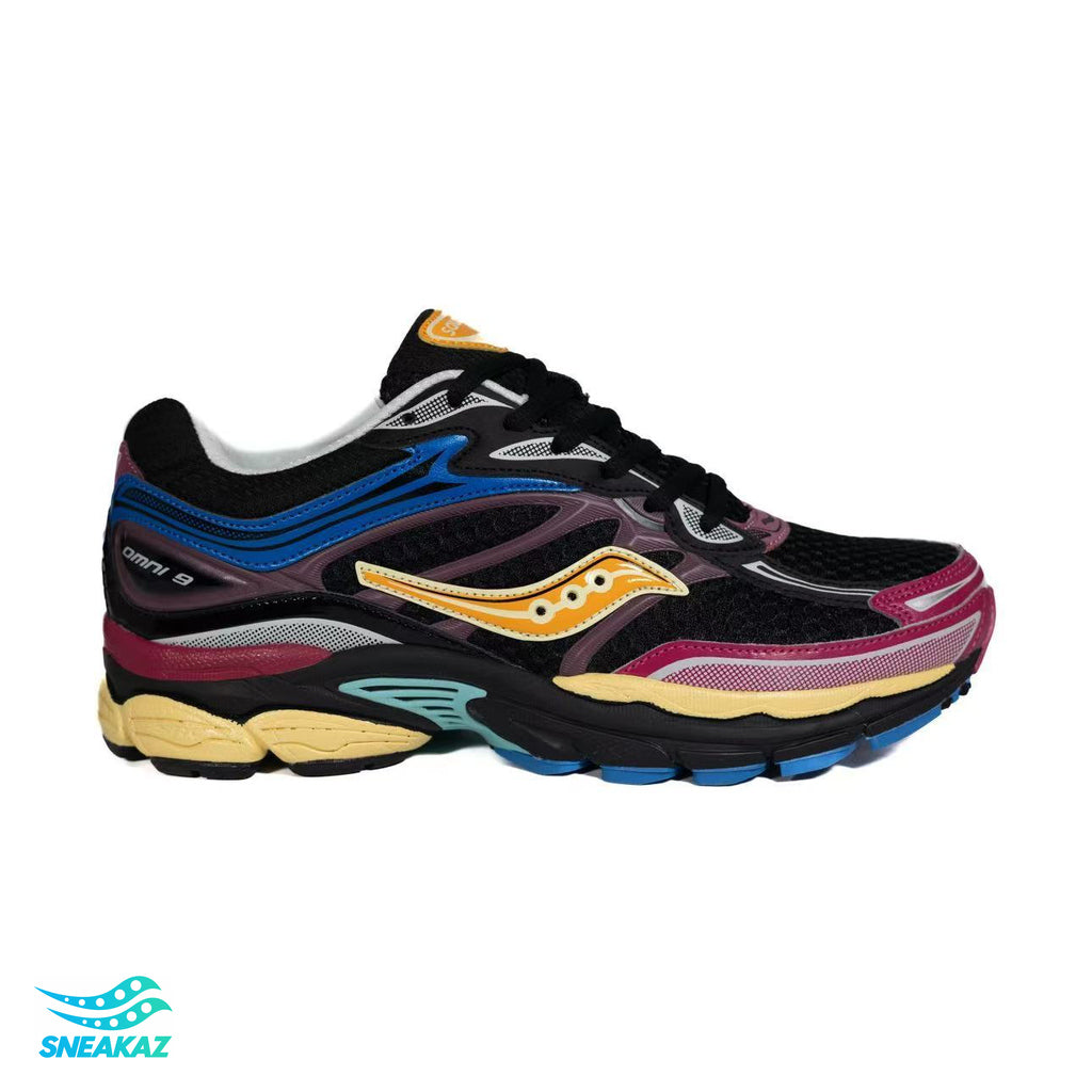 Saucony ProGrid Omni 9 — Noir, bleu, jaune et rose — Sneakaz