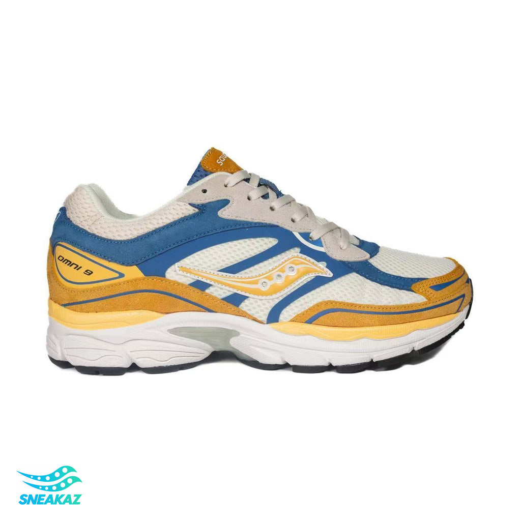 Saucony ProGrid Omni 9 — Bleu, jaune et blanc — Sneakaz