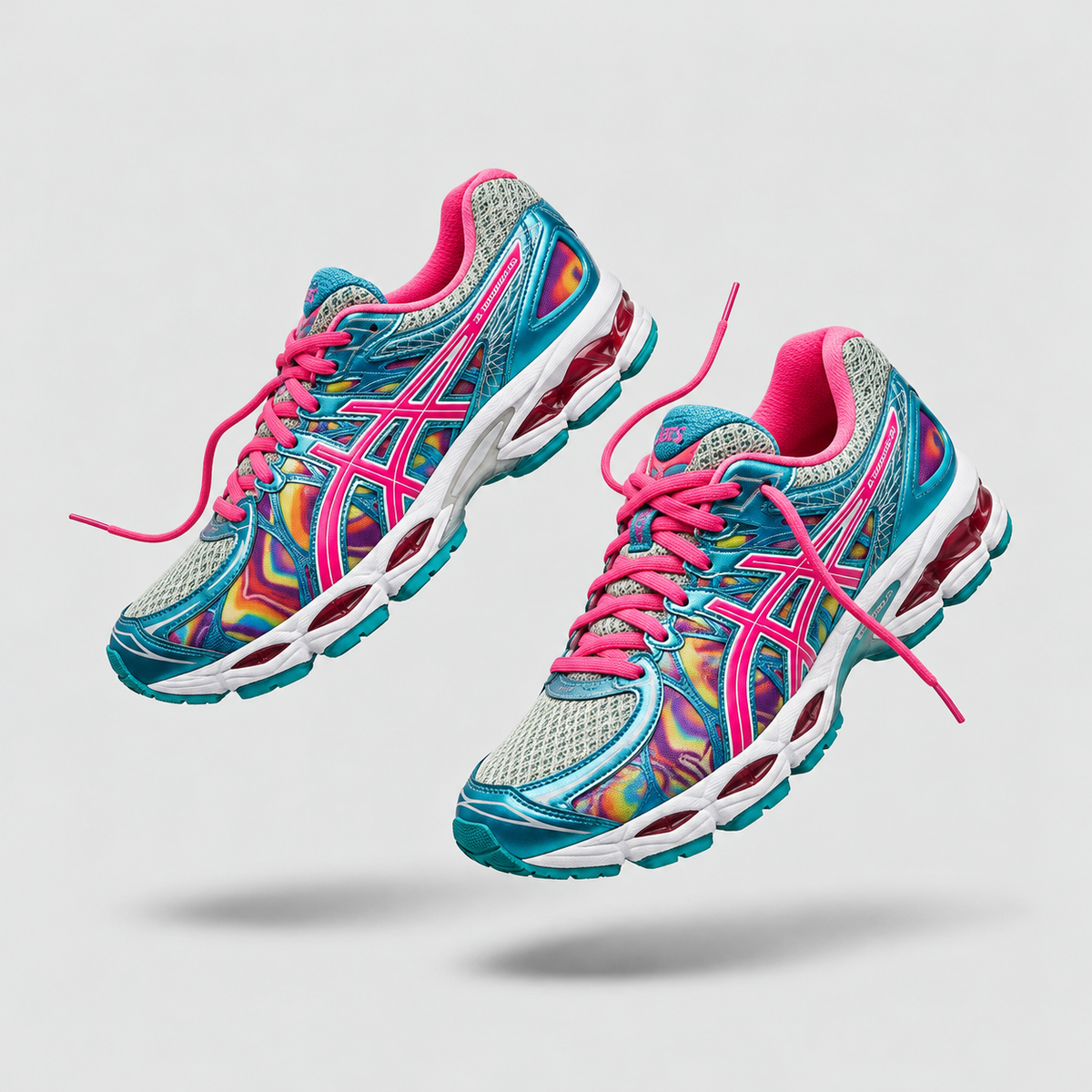 Collection ASICS Nimbus — deux chaussures turquoise et rose en suspension sur fond gris clair