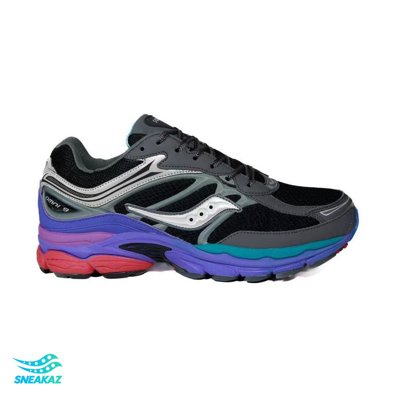 Saucony ProGrid Omni 9 — Noir, gris argent, violet et bleu — Sneakaz