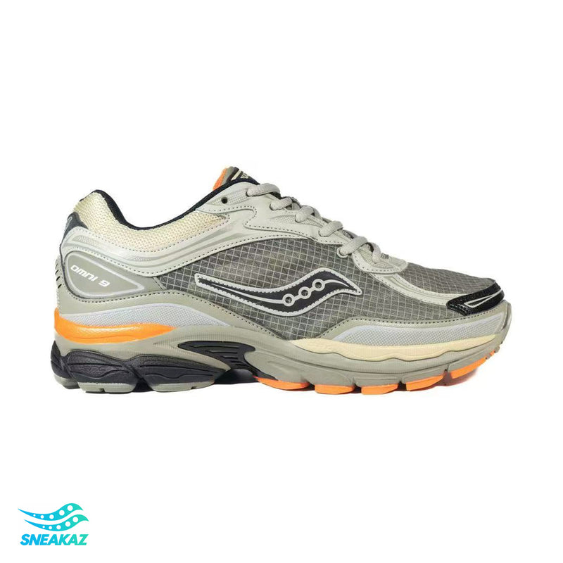 Saucony ProGrid Omni 9 — Kaki clair, gris et orange — Sneakaz