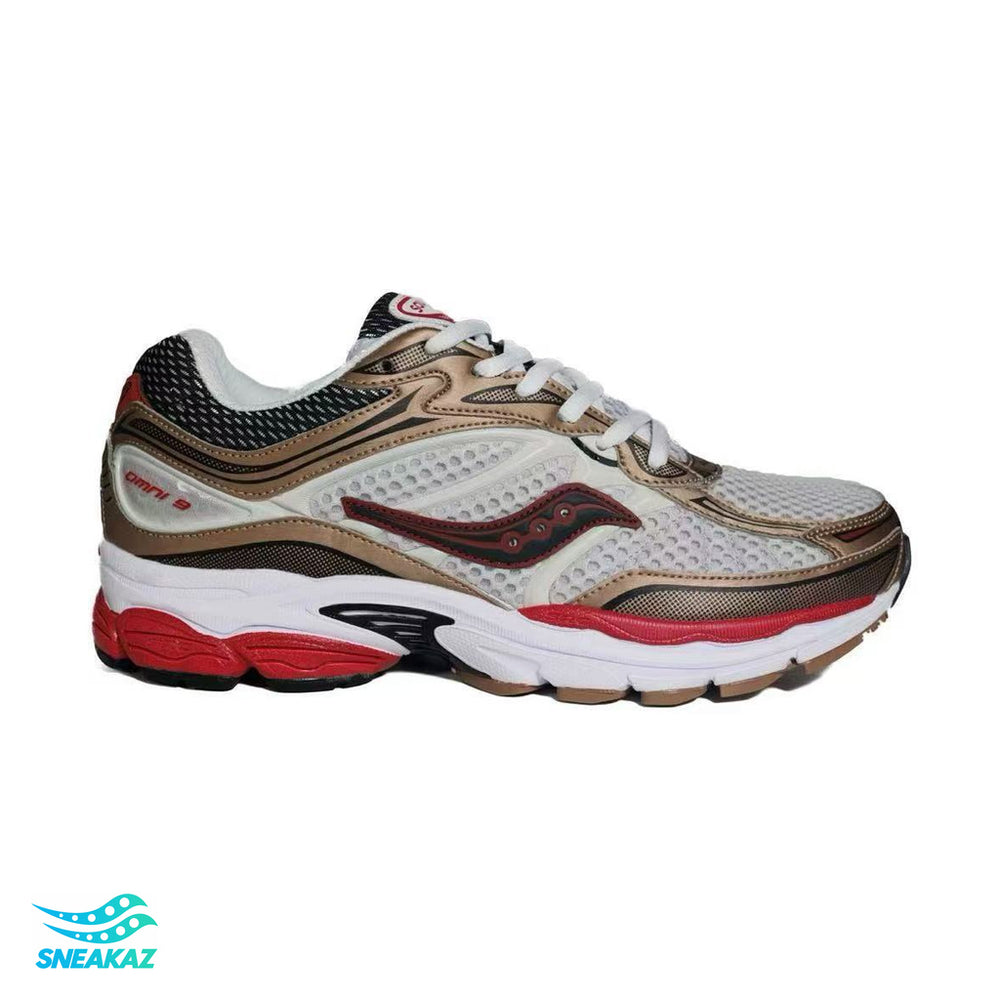 Saucony ProGrid Omni 9 — Marron, gris argent et rouge — Sneakaz