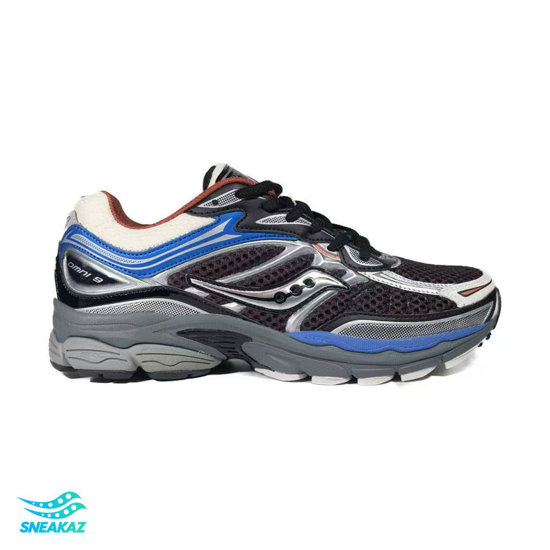 Saucony ProGrid Omni 9 — Noir, bleu et crème — Sneakaz