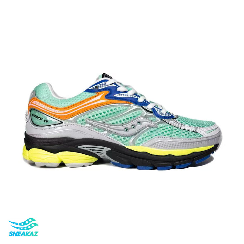 Saucony ProGrid Omni 9 — Vert menthe, jaune et bleu — Sneakaz