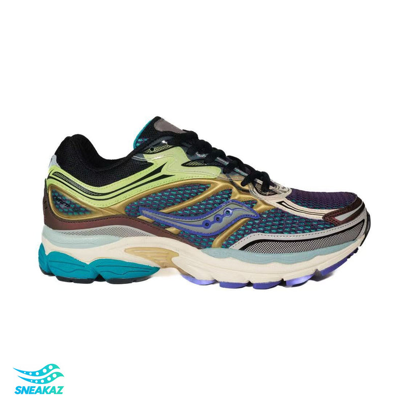 Saucony ProGrid Omni 9 — Bleu marine, jaune et turquoise — Sneakaz