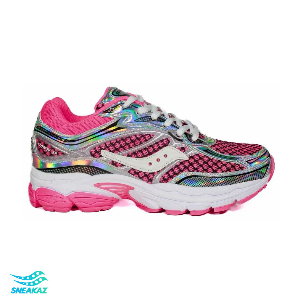 Saucony ProGrid Omni 9 — Gris, rose vif et turquoise — Sneakaz