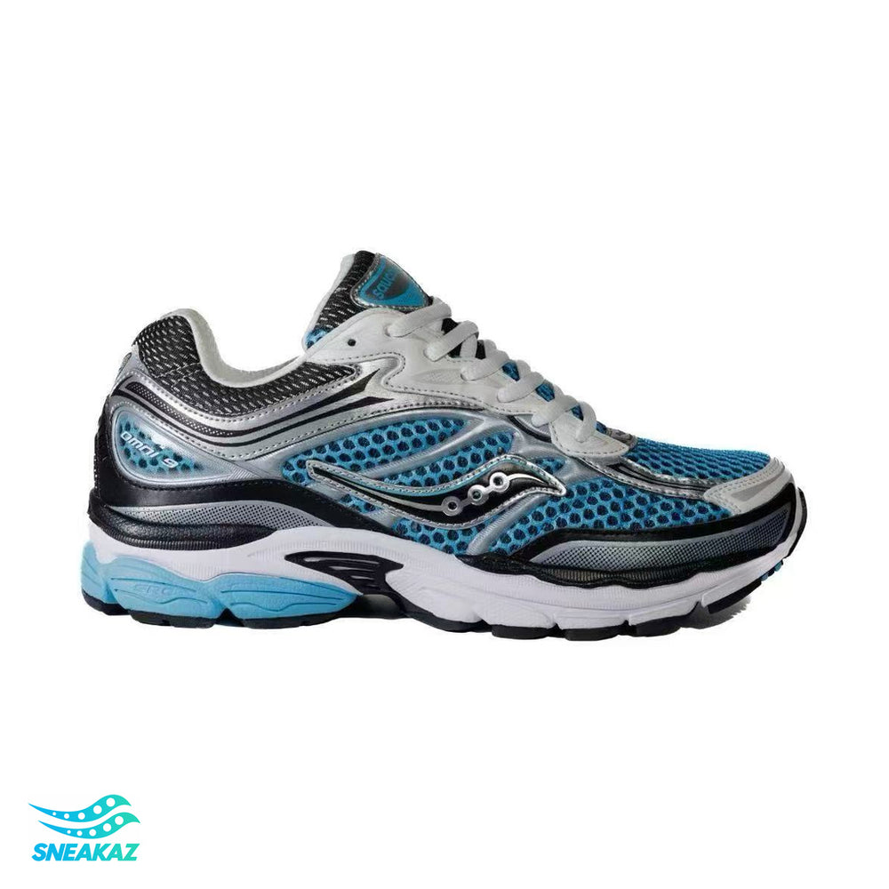 Saucony ProGrid Omni 9 — Gris argent, bleu et turquoise — Sneakaz