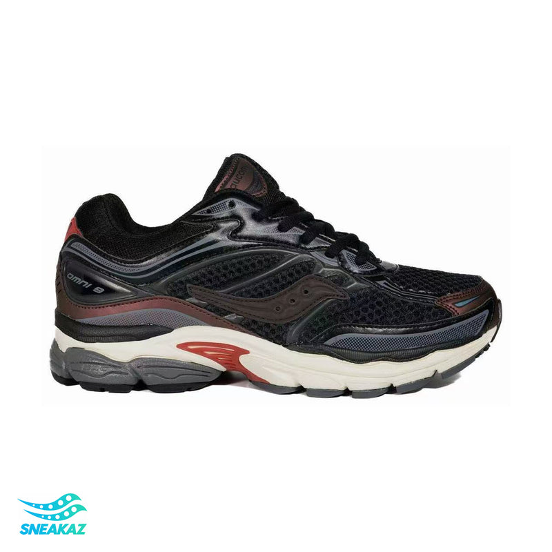 Saucony ProGrid Omni 9 — Noir, gris foncé et bordeaux — Sneakaz