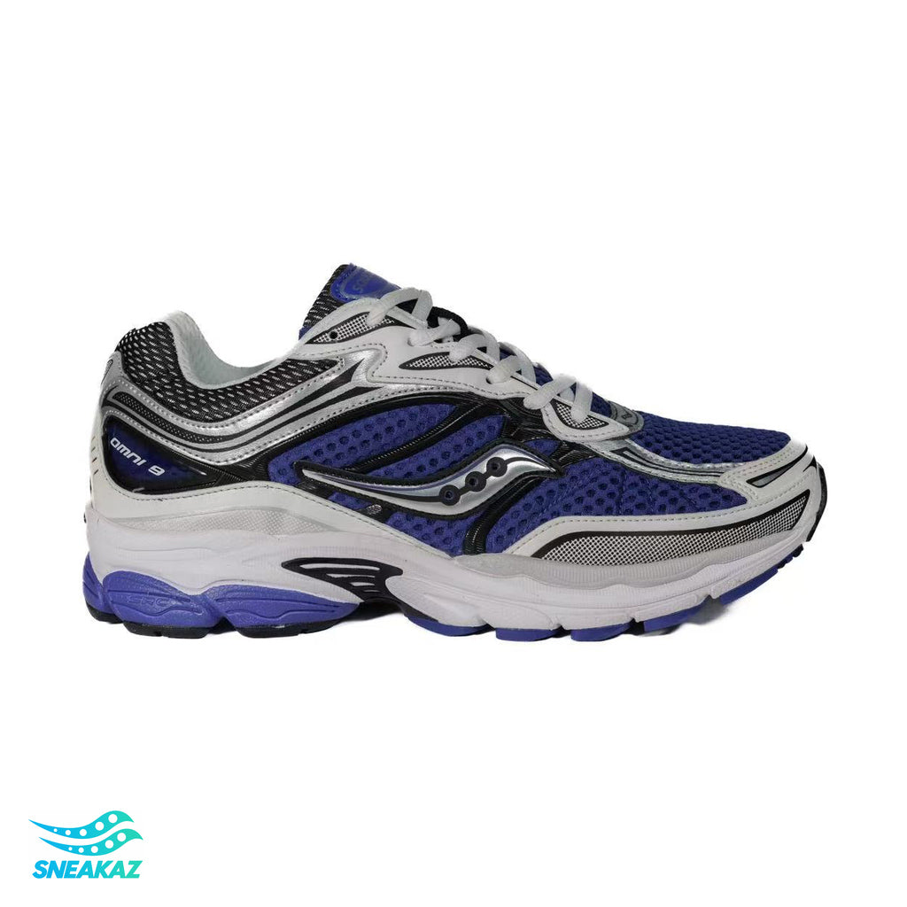 Saucony ProGrid Omni 9 — Bleu marine, gris argent et violet — Sneakaz