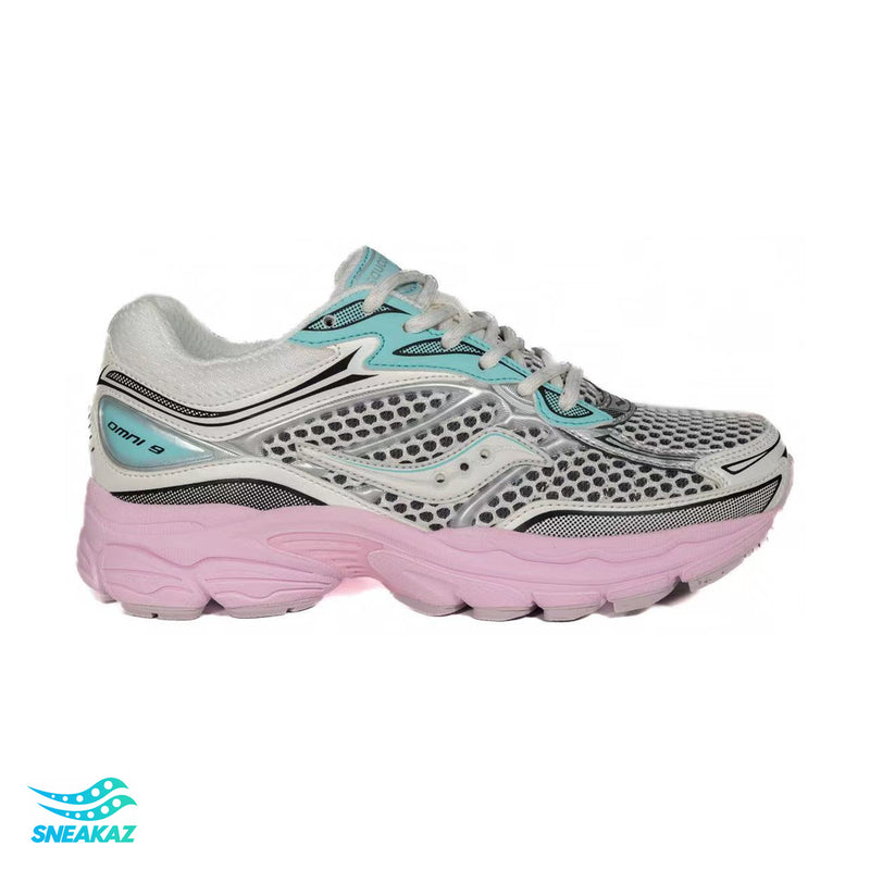 Saucony ProGrid Omni 9 — Gris argent, menthe et rose — Sneakaz