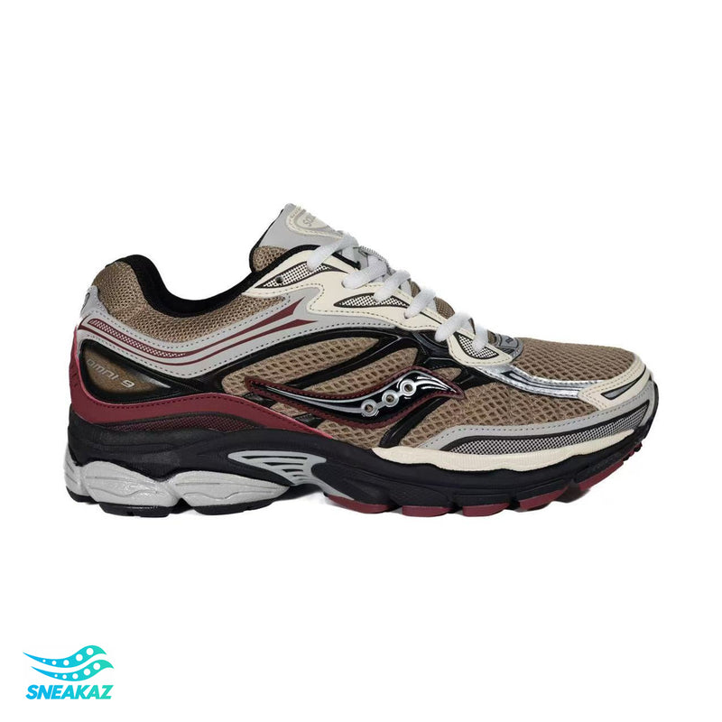 Saucony ProGrid Omni 9 — Beige, marron, noir et bordeaux — Sneakaz