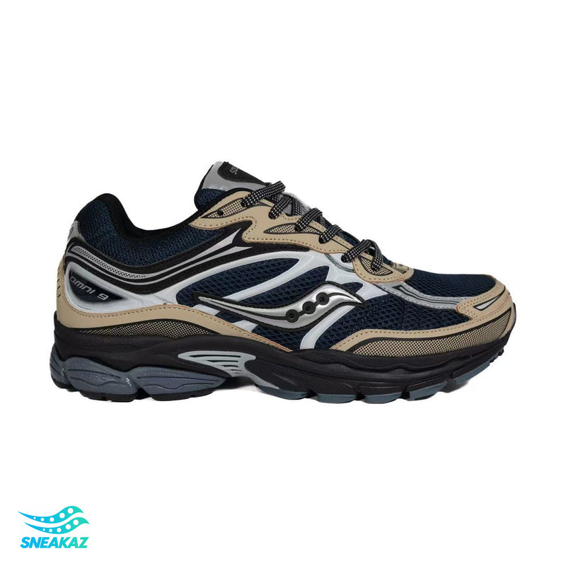 Saucony ProGrid Omni 9 — Bleu marine, beige et noir — Sneakaz