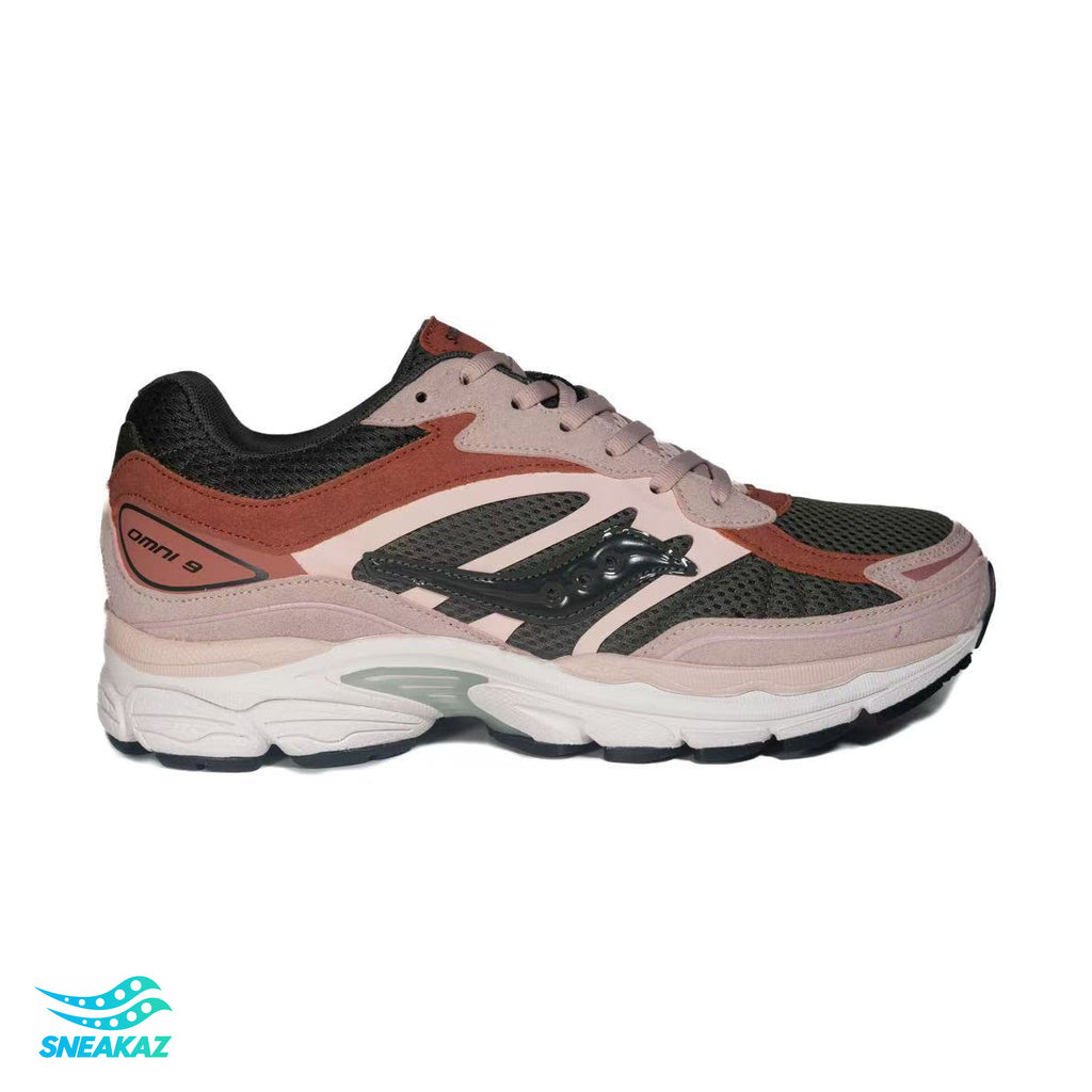 Saucony ProGrid Omni 9 — Rose poudré, vert foncé et blanc — Sneakaz
