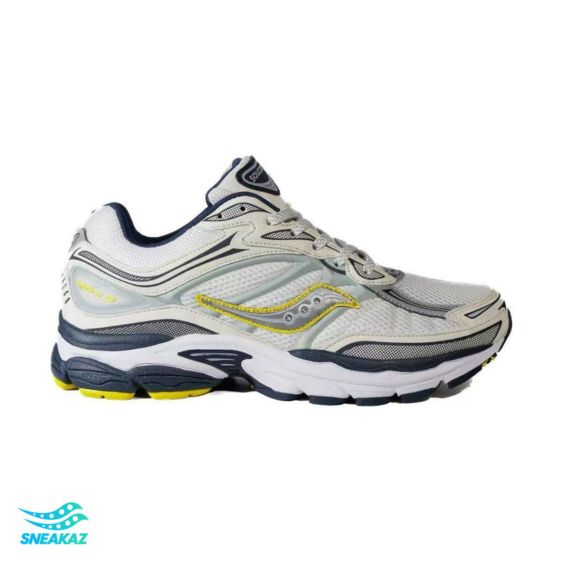 Saucony ProGrid Omni 9 — Gris argent, bleu marine et jaune — Sneakaz