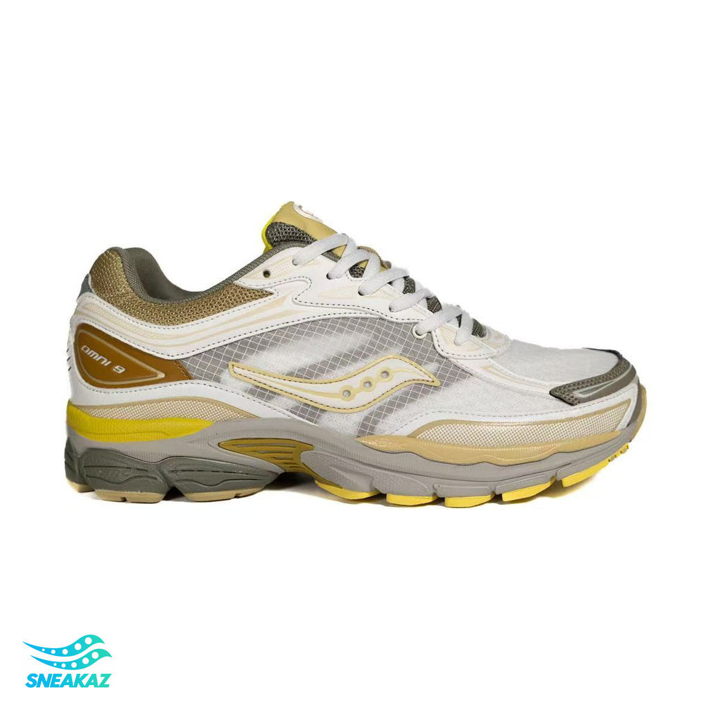 Saucony ProGrid Omni 9 — Beige, kaki et jaune — Sneakaz