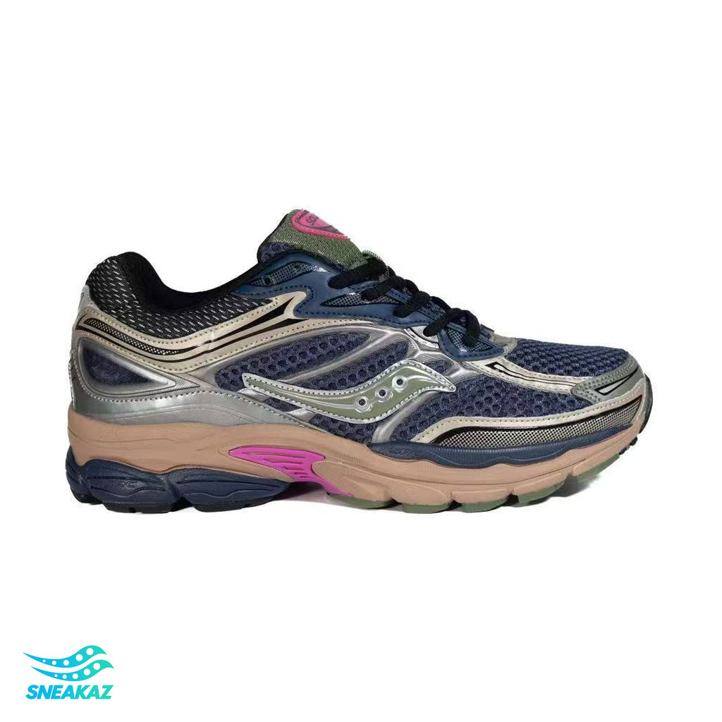 Saucony ProGrid Omni 9 — Bleu marine, beige et rose — Sneakaz