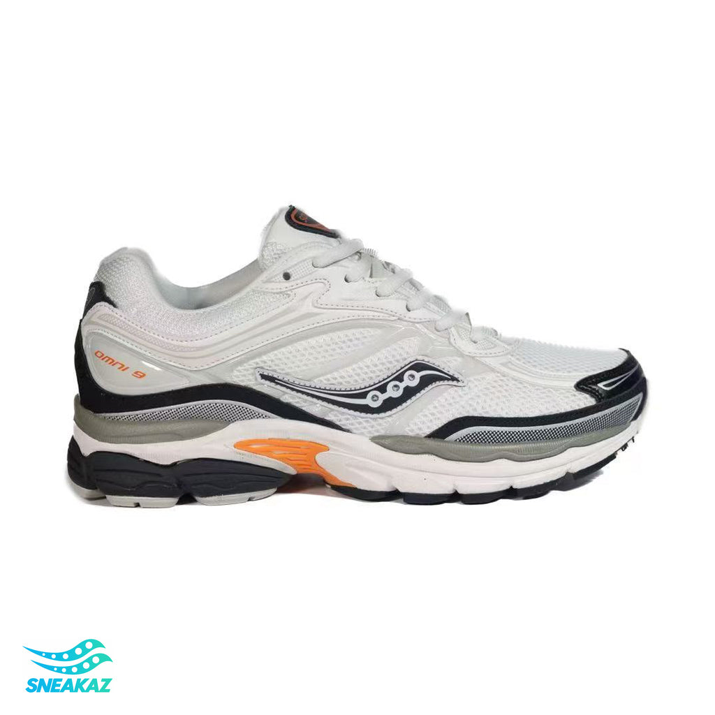 Saucony ProGrid Omni 9 — Blanc, gris et orange — Sneakaz