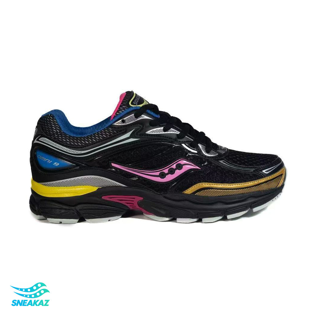 Saucony ProGrid Omni 9 — Noir, bleu, rose et jaune — Sneakaz