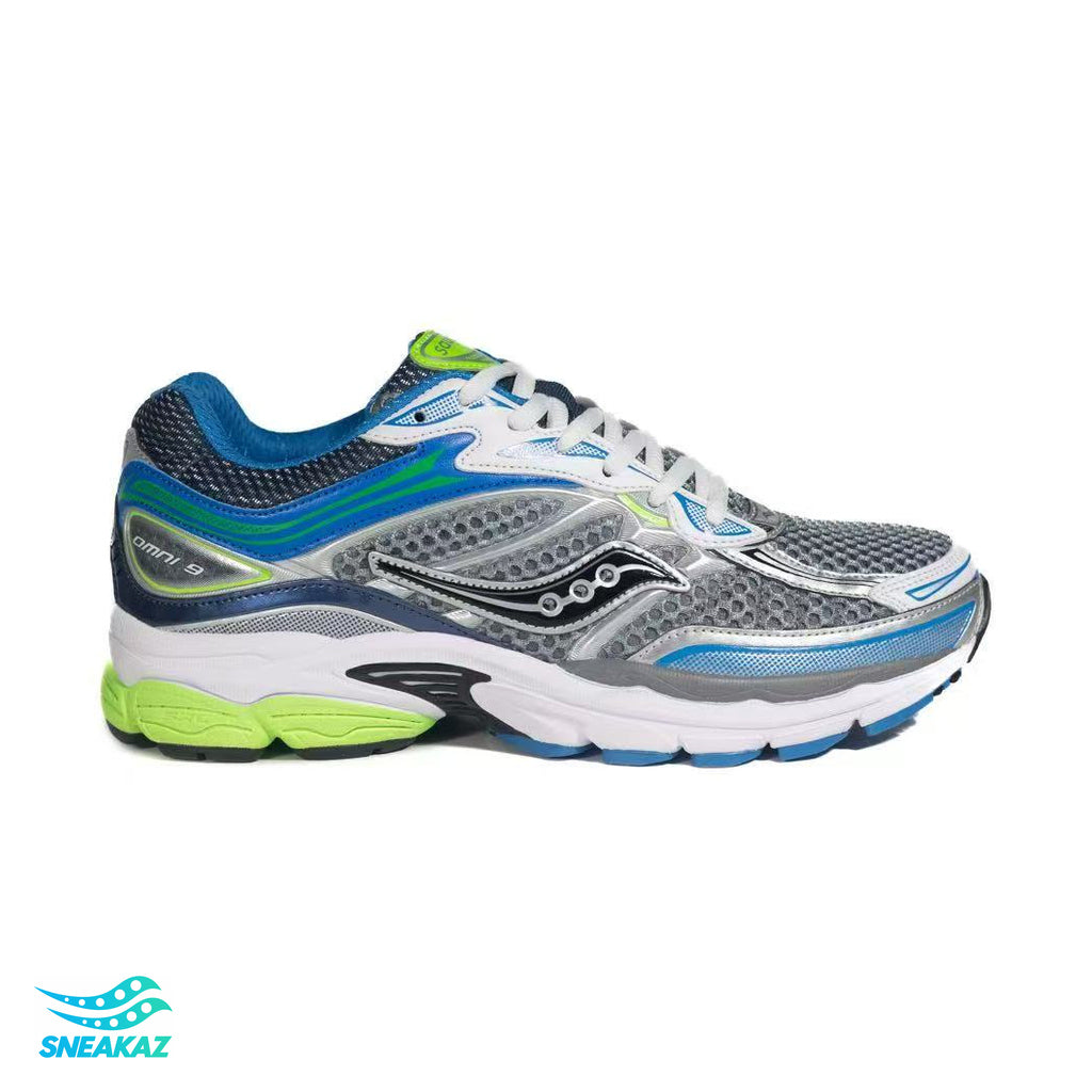 Saucony ProGrid Omni 9 — Bleu, argent et vert fluo — Sneakaz